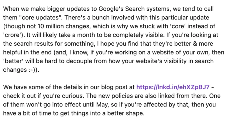 Comunicado de John Mueller sobre el core update en linkedin
