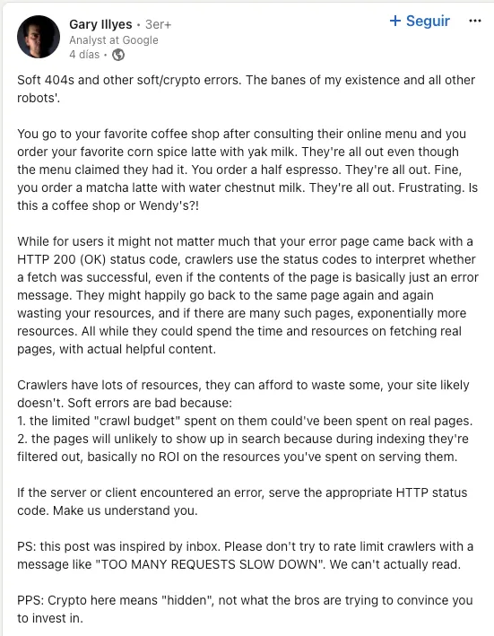 post de Gary en Linkedin sobre los errores soft 404