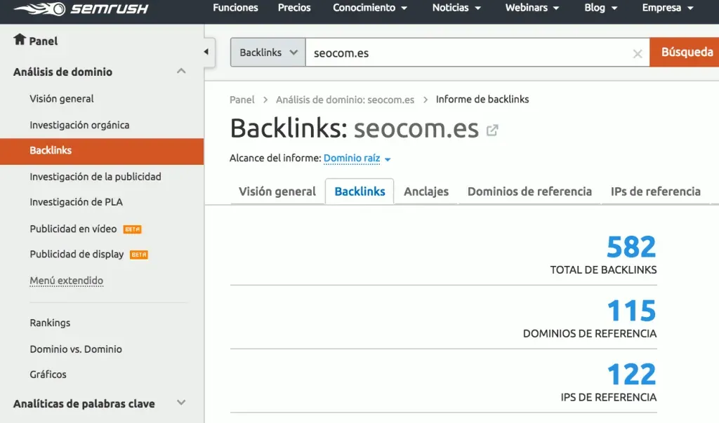 Informe de backlinks en Semrush con los enlaces que recibe un dominio analizado