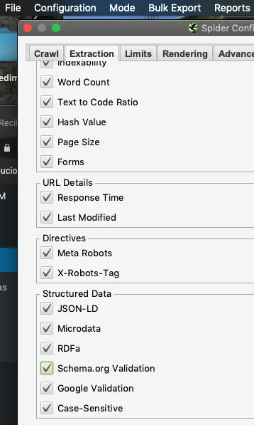 Configuración Structured data Screaming Frog
