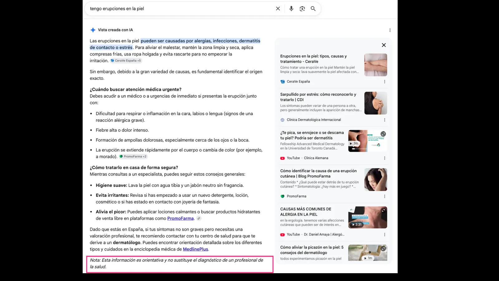 AI Overview de Google para una consulta de salud sobre erupciones en la piel, con el aviso de que la información es orientativa y no sustituye el diagnóstico de un profesional