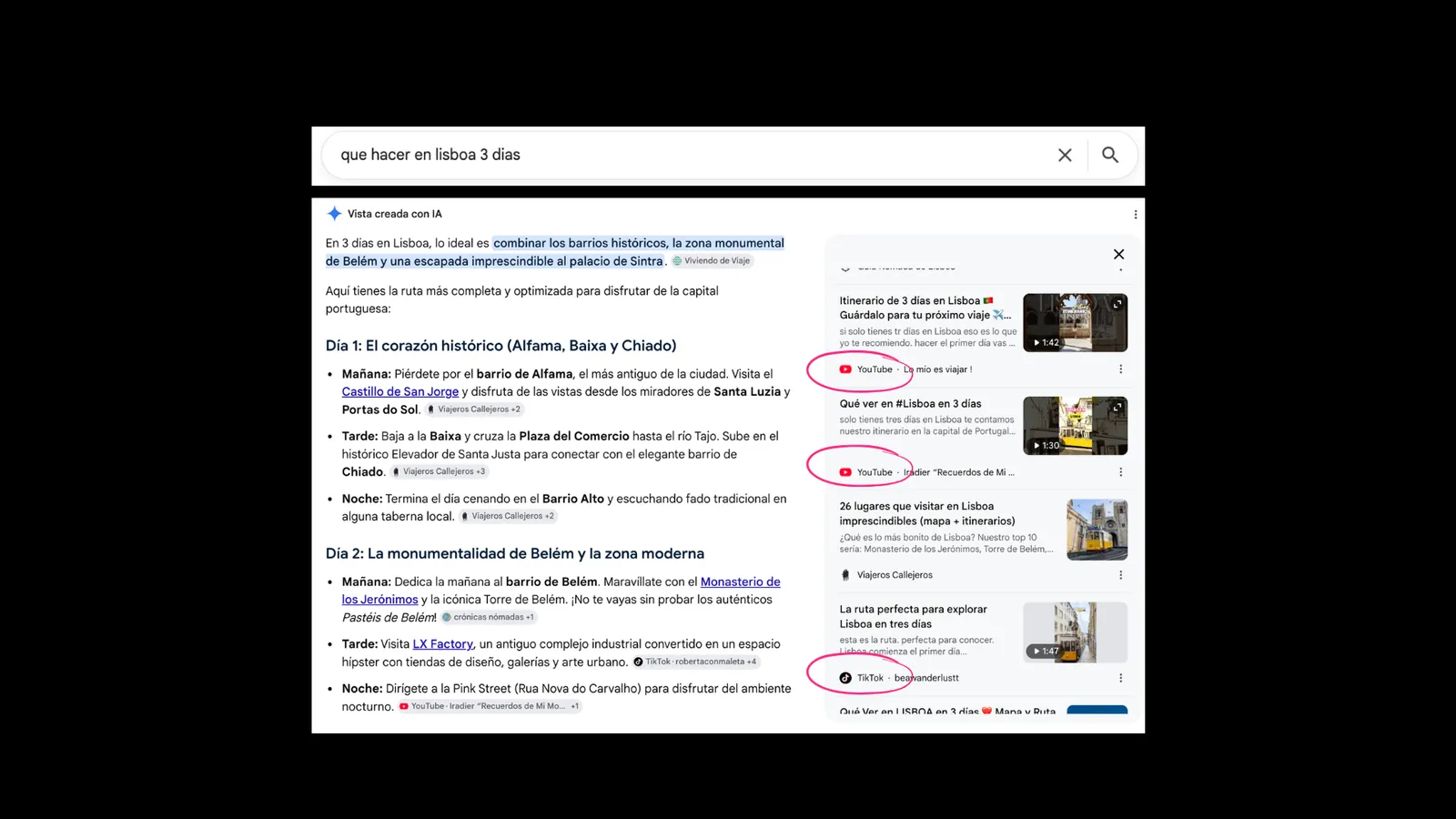 AI Overview de Google generando un itinerario de tres días en Lisboa a partir de una búsqueda de viajes