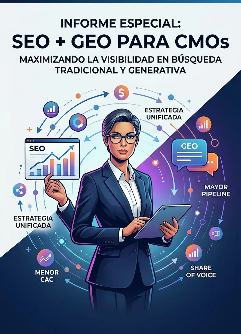 Portada de la guía SEO + GEO para CMOs de SEOCOM en PDF