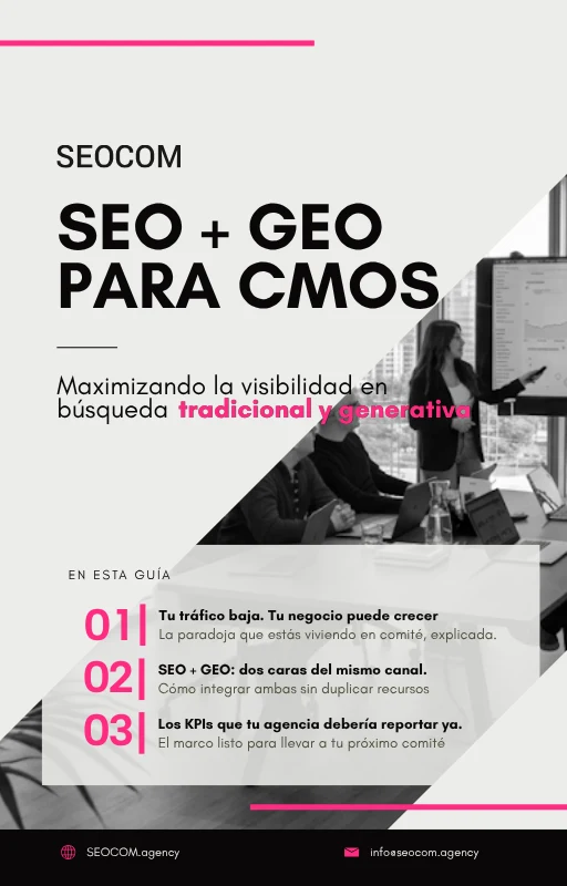 Portada de la guía SEO + GEO para CMOs: maximizando la visibilidad en búsqueda tradicional y generativa, con el índice de sus tres capítulos