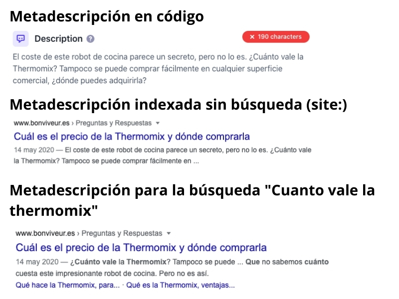 Comparativa de distintas metadescripciones en los resultados de búsqueda