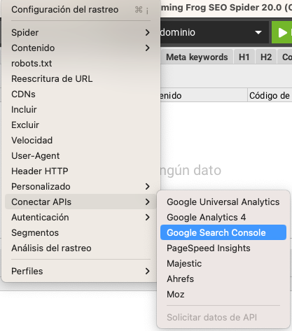 encontrar la manera de conectar google search console con screaming frog