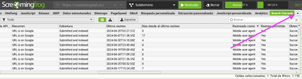 Desplegable en Screaming Frog con las opciones de Google Search Console