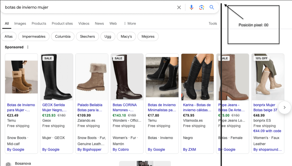 Resultados de búsqueda de Google para "botas de invierno mujer" mostrando anuncios patrocinados de productos, incluyendo botas de diferentes estilos y precios.