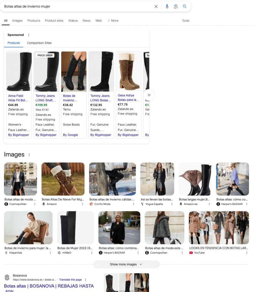 Captura de pantalla de los resultados de búsqueda en Google para "botas de invierno mujer," destacando productos patrocinados de marcas como Geox, Zalando, Temu, y más, con precios, descuentos y opciones de envío gratuito.