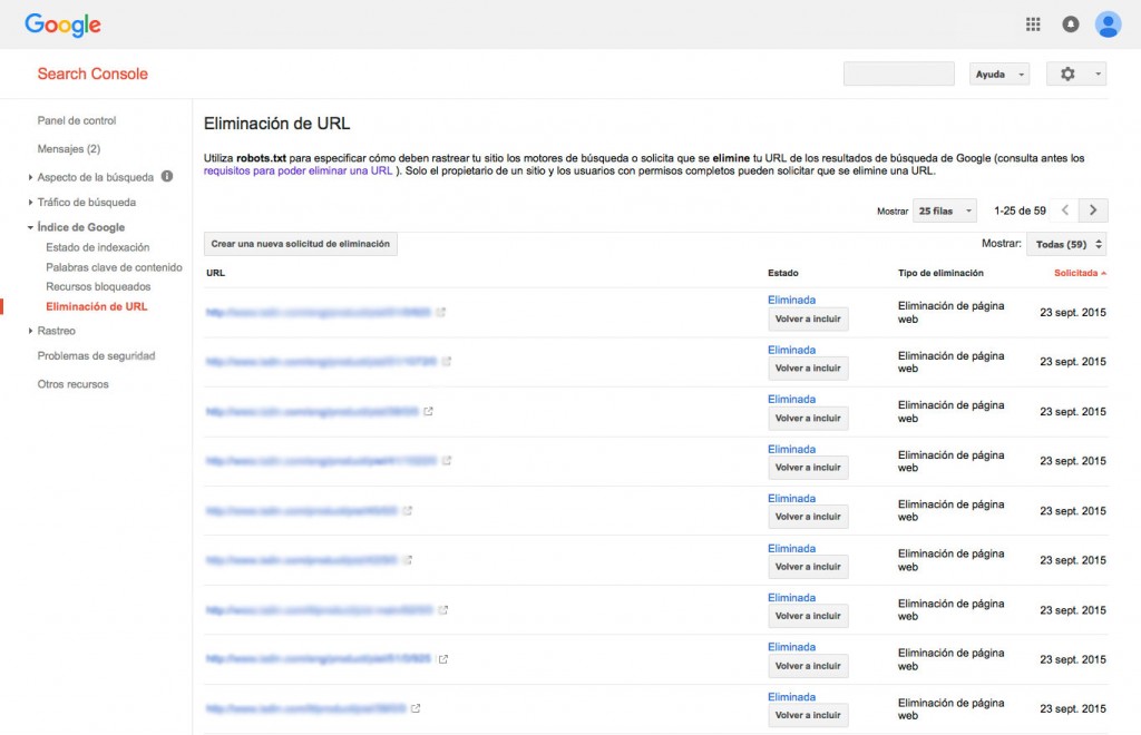 Captura de la pantalla de Eliminación de URL de Search Console